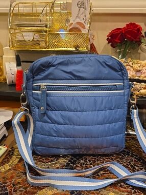 Sondra Roberts Quilted Blue Crossbody Messenger Bag with Striped Strap